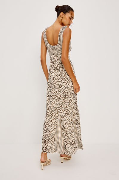 Dahlia Dress in Espresso Daisy Gingham Mix, back view
