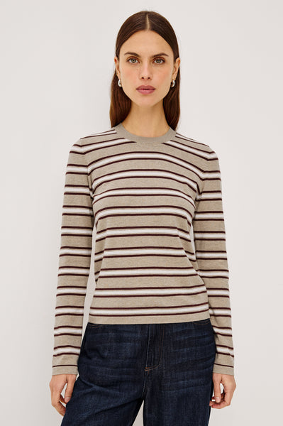 Davie Cardigan in heather oat stripe, close up