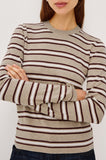 Davie Cardigan in heather oat stripe, front detail