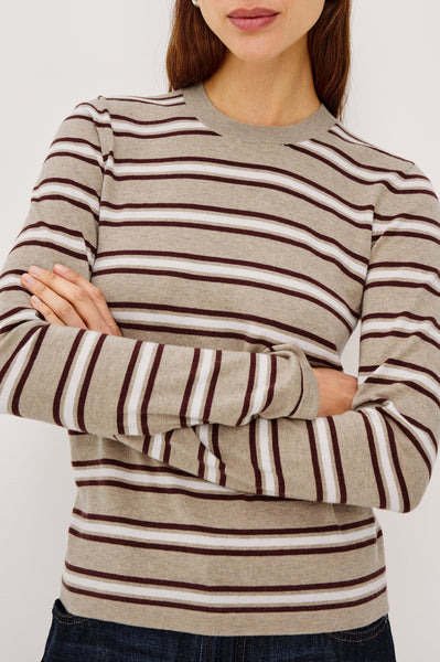 Davie Cardigan in heather oat stripe, front detail