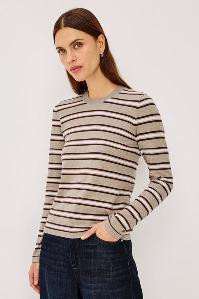 Davie Cardigan in heather oat stripe, front