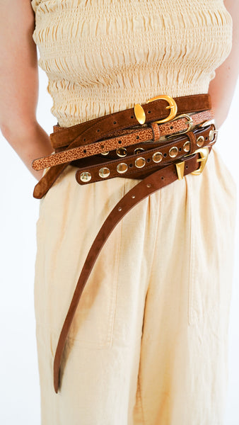 Most Wanted Curved Buckle Suede Belt, styled