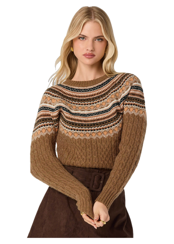 Daria Fair Isle Cable Knit Sweater in Camel
