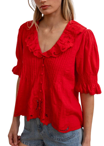 Embroidered Collar Button Blouse