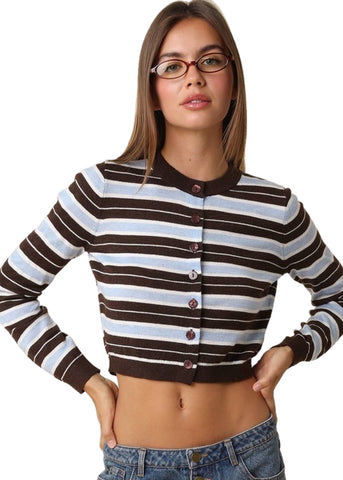 Ella Stripe Cardigan - Coffee/Blue