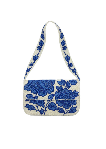 Blue Floral Beaded Shoulder Bag