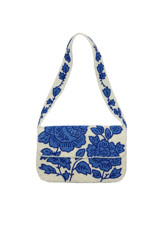 Blue Floral Beaded Shoulder Bag