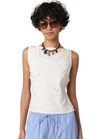 Jade Embroidered Open-Back Top - White