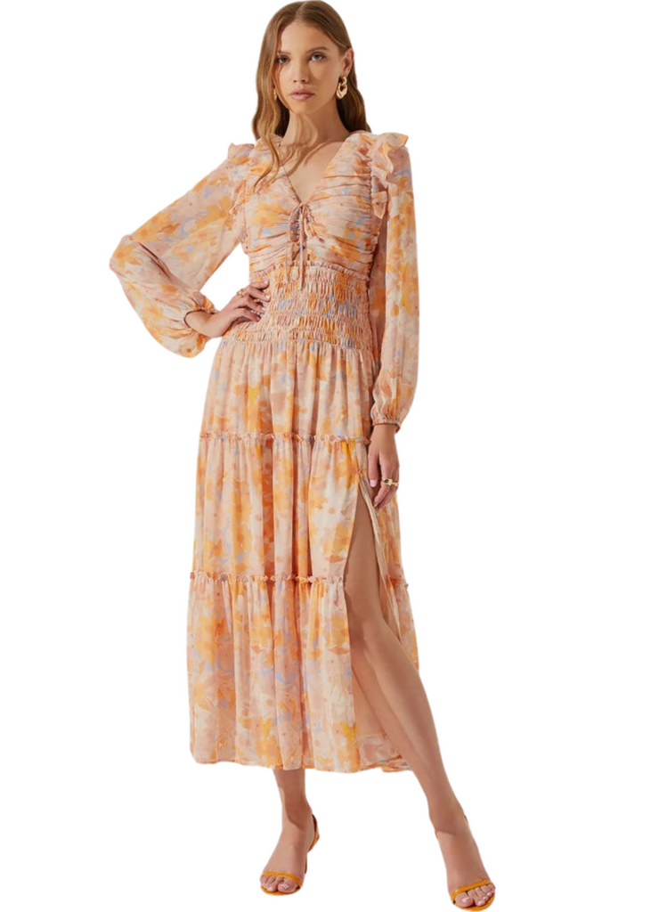 Floral ruched front maxi sales dress astr the label