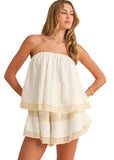 Textured Layered Tube Romper With Lace Trim
