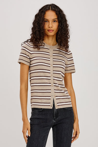 Kylie Sweater in heather oat stripe, close up