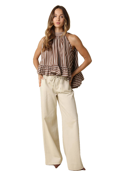 Kaylyn Drawstring Wide Leg Pants in Natural Taupe