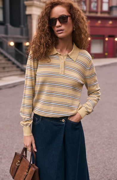 Dora Sweater in yellow stripe, styled with jeans