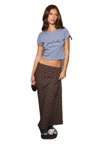 Bias Check Midi Skirt in olive burgundy plaid