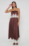 Emmylou Maxi Dress in Chocolate Satin with Lace Trim - side