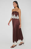 Emmylou Maxi Dress in Chocolate Satin with Lace Trim - front
