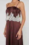 Emmylou Maxi Dress in Chocolate Satin with Lace Trim - detail
