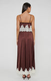 Emmylou Maxi Dress in Chocolate Satin with Lace Trim - styled