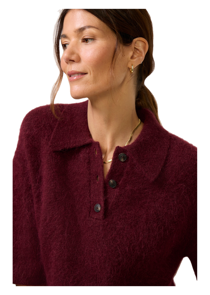 Nadya Alpaca Blend Boxy Polo Sweater in cherry wine, detail