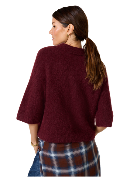 Nadya Alpaca Blend Boxy Polo Sweater in cherry wine, back