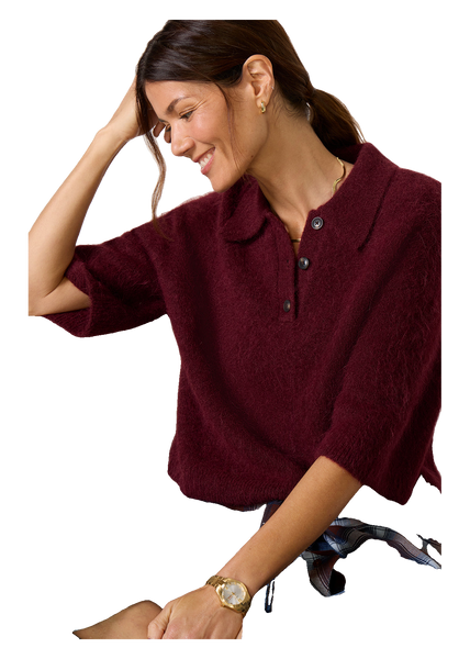 Nadya Alpaca Blend Boxy Polo Sweater in cherry wine