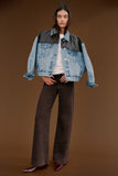 Penny High Rise Wide Leg Jean in Mocha, styled with denim jacket lifestyle shot