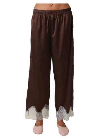Quinn Lace Trim Satin Pants in Black Taupe