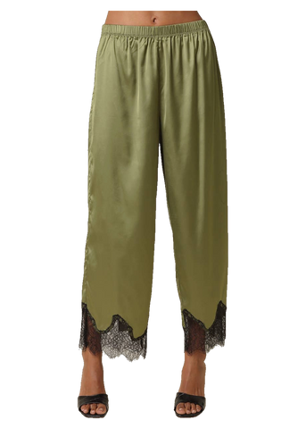 Quinn Lace Trim Satin Pants in Olive Black