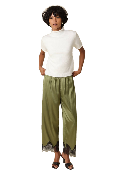 Quinn Lace Trim Satin Pants in Olive Black