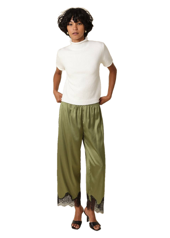 Quinn Lace Trim Satin Pants in Olive Black