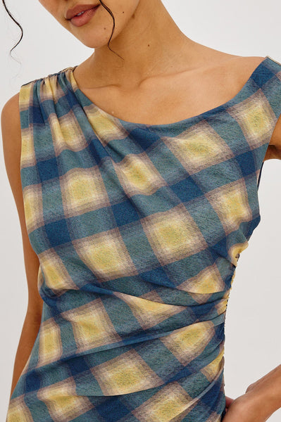 Sorra Dress in Navy Sage Plaid, detail