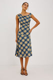 Sorra Dress in Navy Sage Plaid, close up