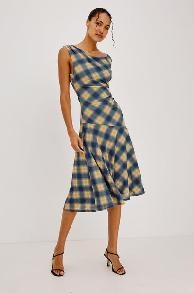 Sorra Dress in Navy Sage Plaid, front detail