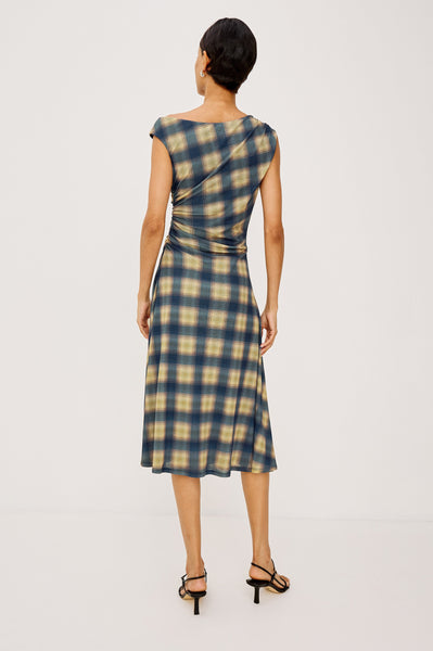 Sorra Dress in Navy Sage Plaid, back view
