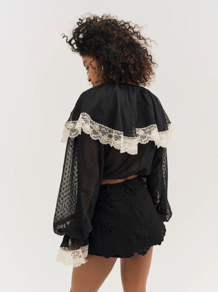 Daisy Eyelet Denim Skort - Black