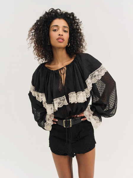 Daisy Eyelet Denim Skort - Black