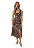 Sofia Floral Print Button Front Midi Dress in Dark Brown Mustard