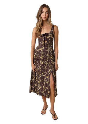 Sofia Floral Print Button Front Midi Dress in Dark Brown Mustard