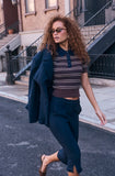 Iris Sweater in brown navy stripe, styled lifestyle shot