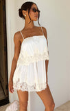 Emmylou Mini Dress in Ivory Satin with Lace Trim - front