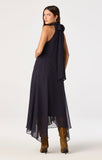 Tiana Dress in navy pink polka dot, back view