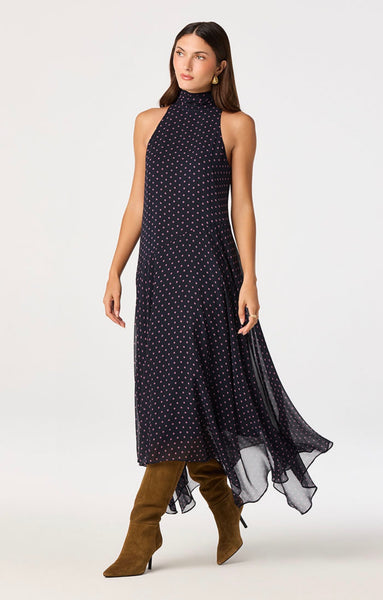 Tiana Dress in navy pink polka dot, walking front view