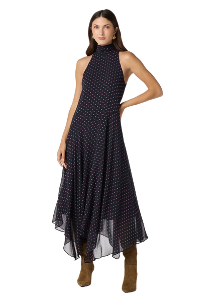 Tiana Dress in navy pink polka dot