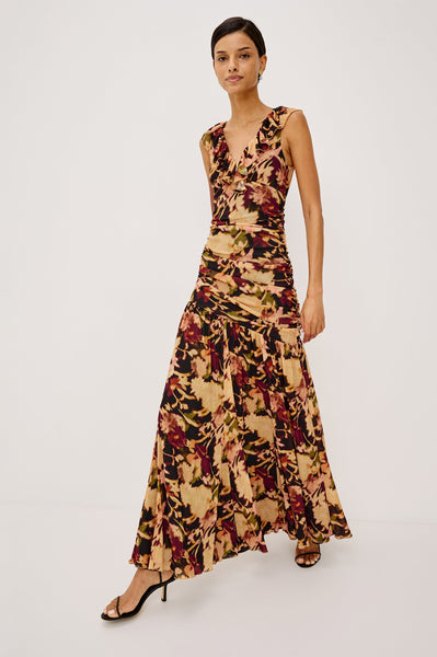 Veda Dress in Dark Flora, side view