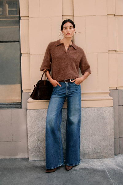 Vivian Mid Rise Wide Leg in Blue Depths, styled lifestyle shot
