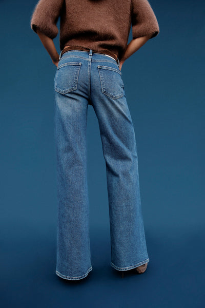 Vivian Mid Rise Wide Leg in Blue Depths, back detail lifestyle shot