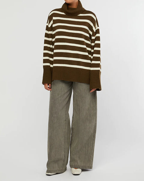 Striped Turtle Neck Sweater - Olive