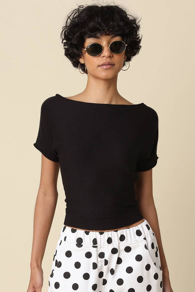 Angela Boat Neck Cinched Tee - Black
