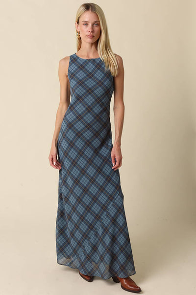 Olivaceous Carole Plaid Mesh Maxi Dress in teal plaid, front view