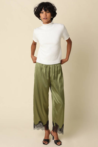 Quinn Satin Pants in Olive Black, styled front